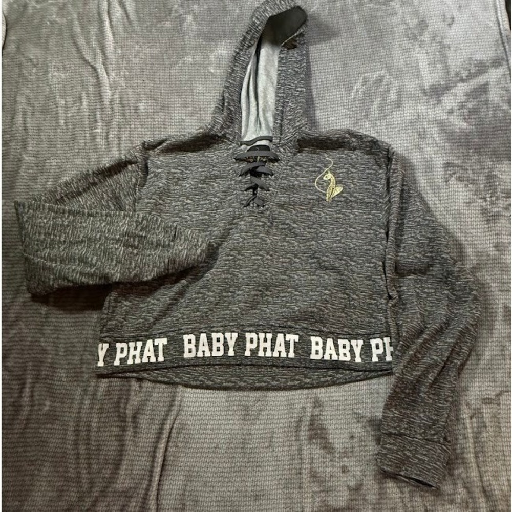 Baby Phat Womens‎ Grey Space Dye Cropped Lace Up Hoodie Gold Cat Logo Size L